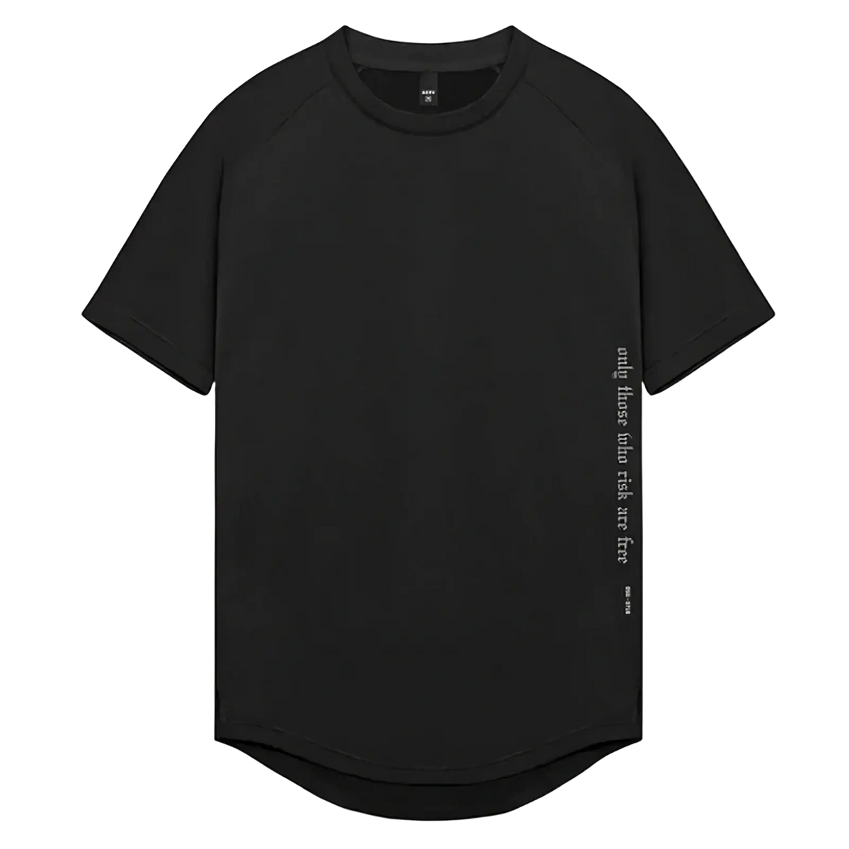 Asrv men’s quick dry fitness t-shirt black short-sleeved crew neck with subtle white vertical text on right sleeve