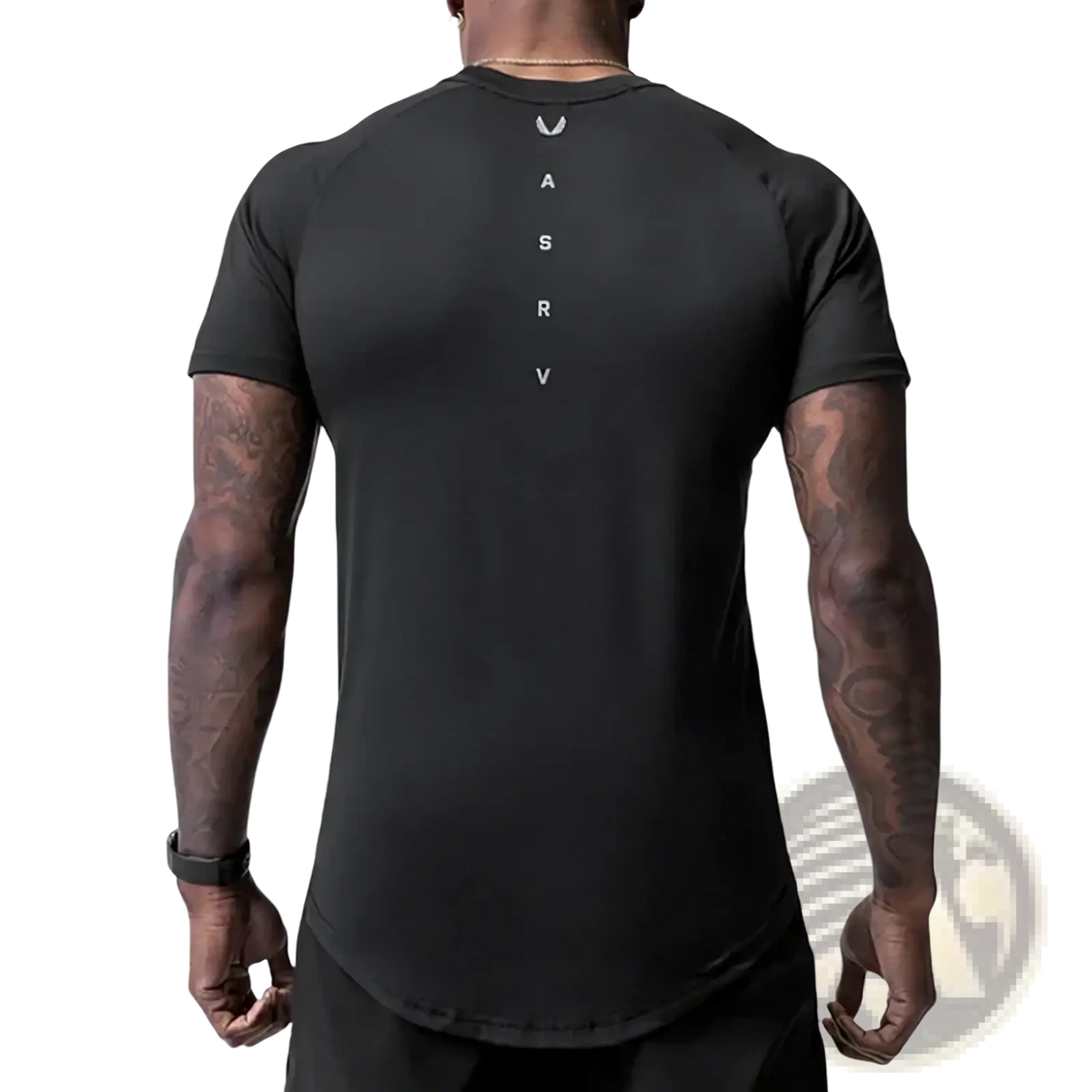 Back of black asrv men’s quick dry fitness t-shirt with white vertical lettering on short sleeves