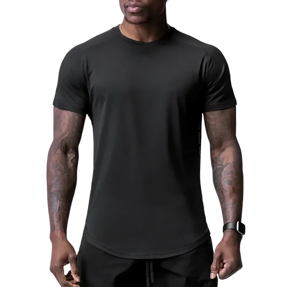 Black short-sleeved crew neck Asrv men’s quick dry fitness t-shirt with slightly curved hemline for dry fitness use