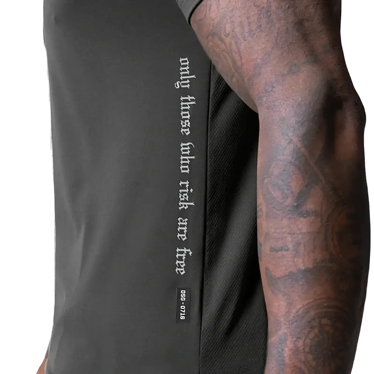 Asrv men’s black sleeveless quick dry fitness top with white vertical text and a small black tag below the text