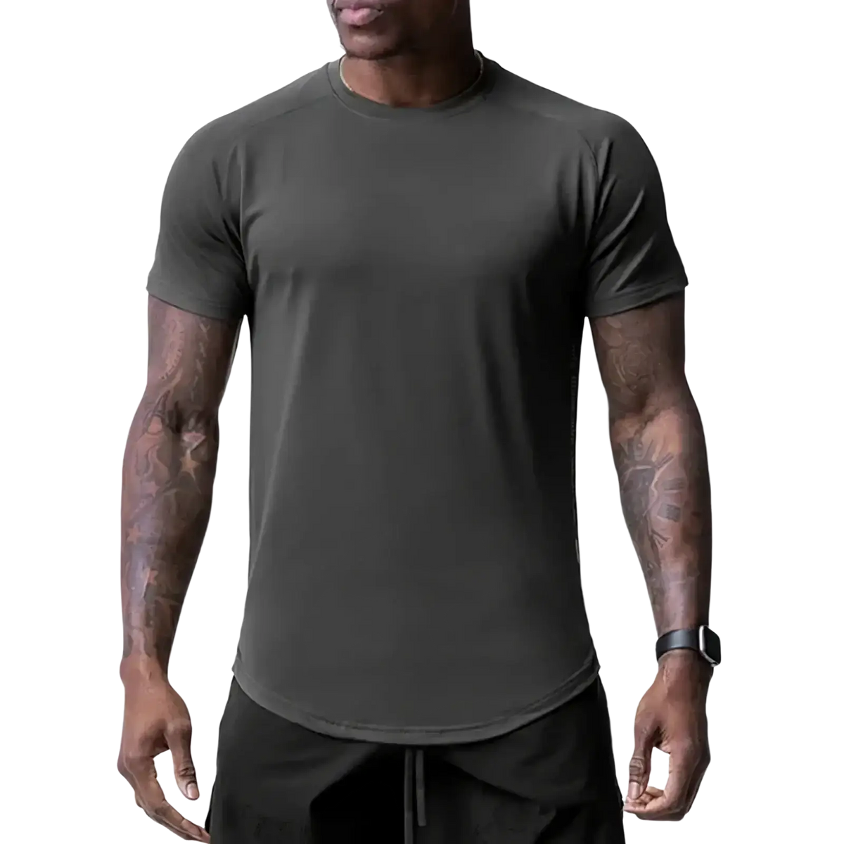 Asrv men’s dark gray short-sleeved crew neck t-shirt with quick dry fitness fabric and a slightly curved hemline