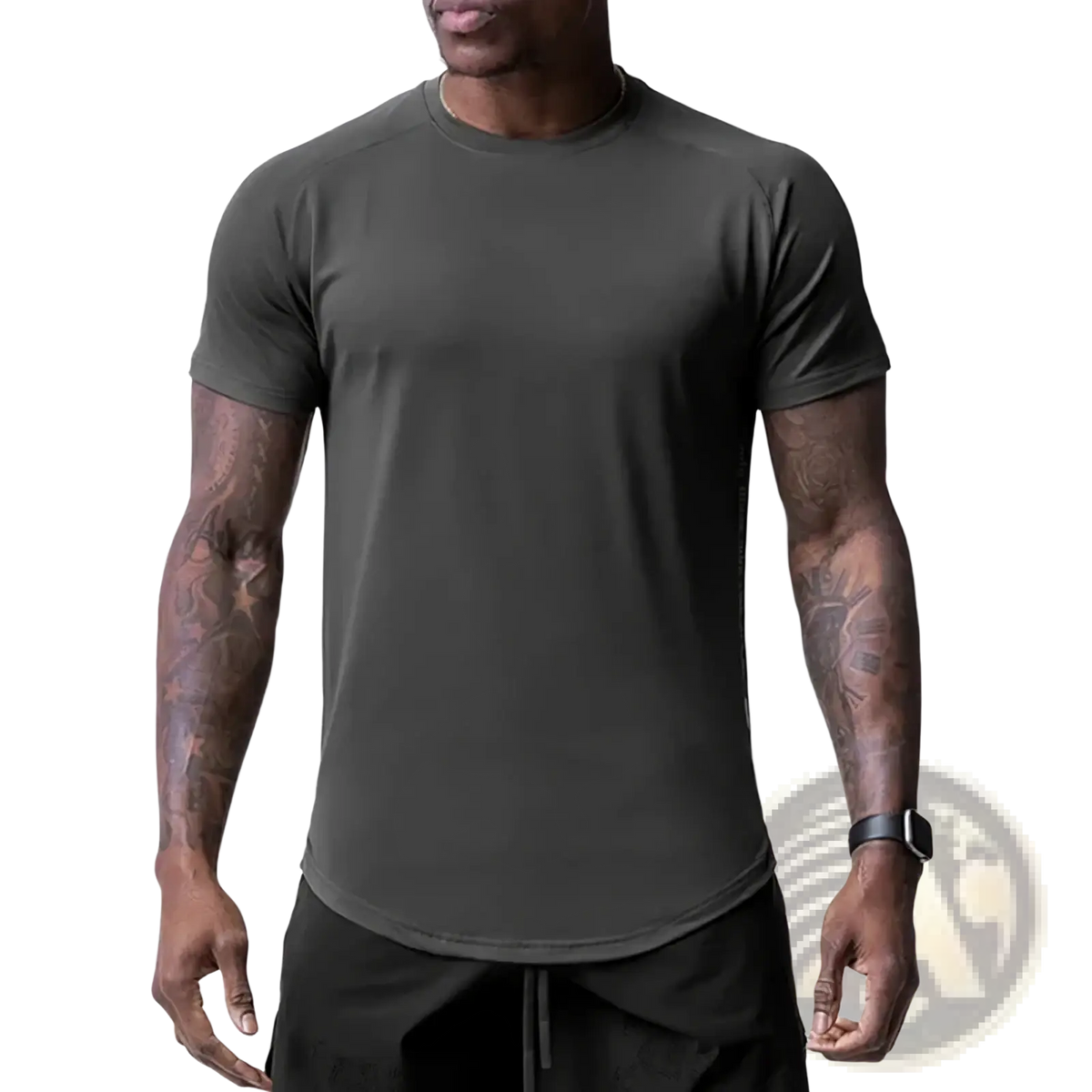 Dark gray asrv men’s quick dry fitness t-shirt with short sleeves crew neck and slightly curved hemline