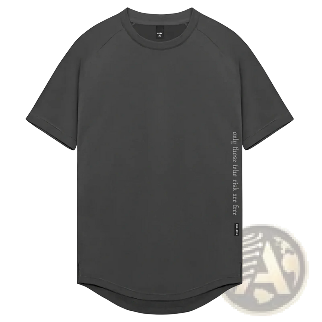 Asrv men’s dark gray quick dry fitness t-shirt with crew neck short sleeves and subtle vertical text on left sleeve