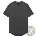 Asrv men’s dark gray quick dry fitness t-shirt with crew neck short sleeves and subtle vertical text on left sleeve
