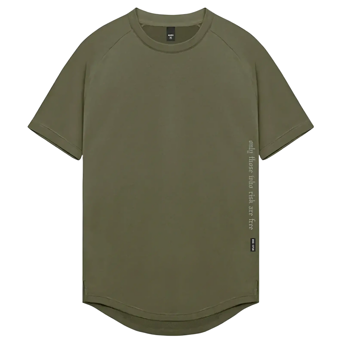 Olive green asrv men’s quick dry fitness t-shirt with short sleeves crew neck and subtle vertical text on right sleeve