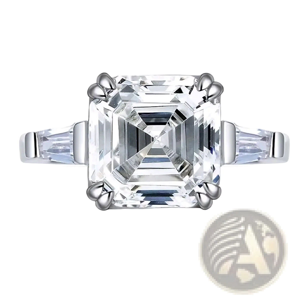 Asscher cut lab diamond sterling silver promise ring with central emerald cut diamond and baguette side stones