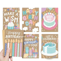 Set of six colorful kraft birthday cards with festive designs and matching envelopes for bulk gifting