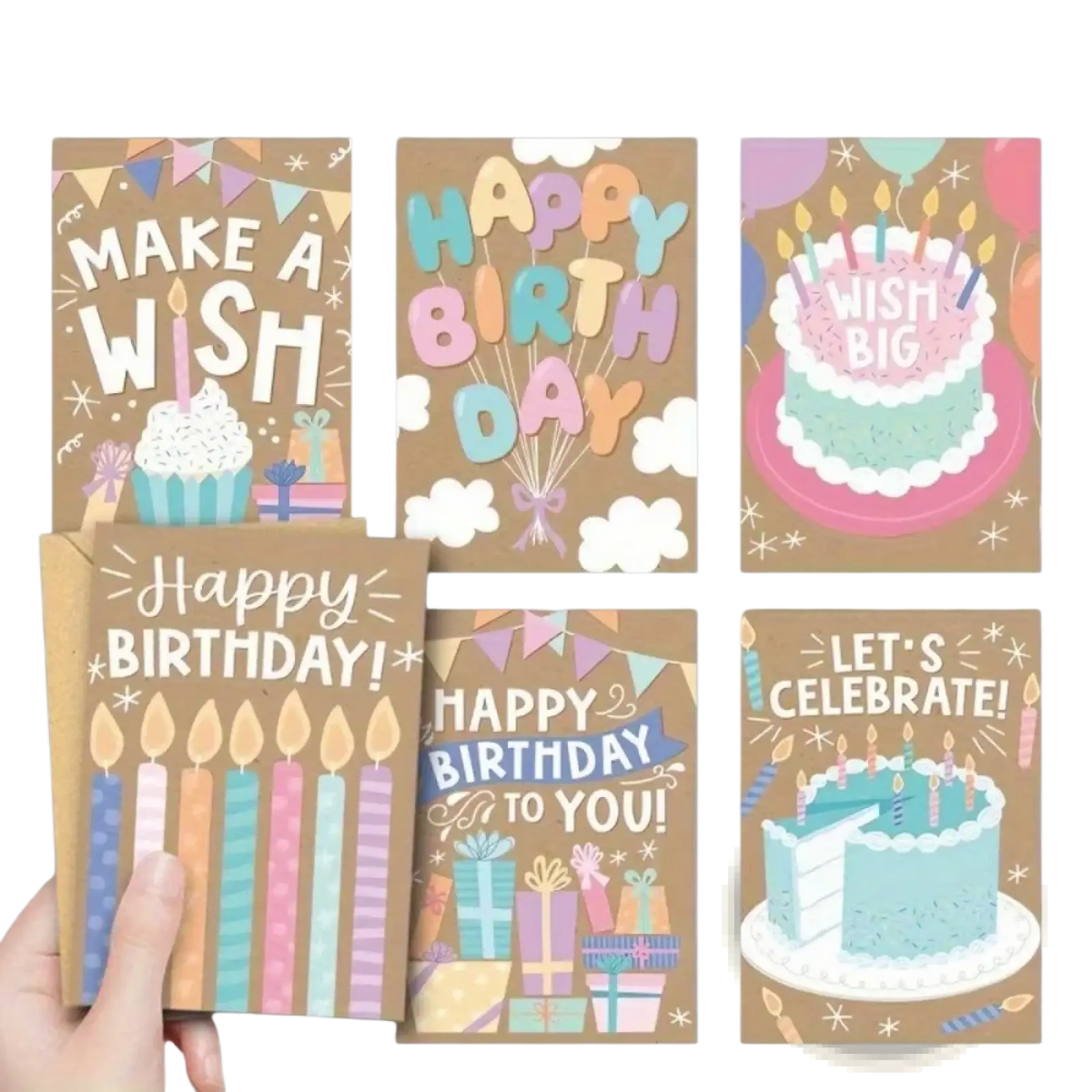 Set of six colorful kraft birthday cards with festive designs and matching envelopes for bulk gifting