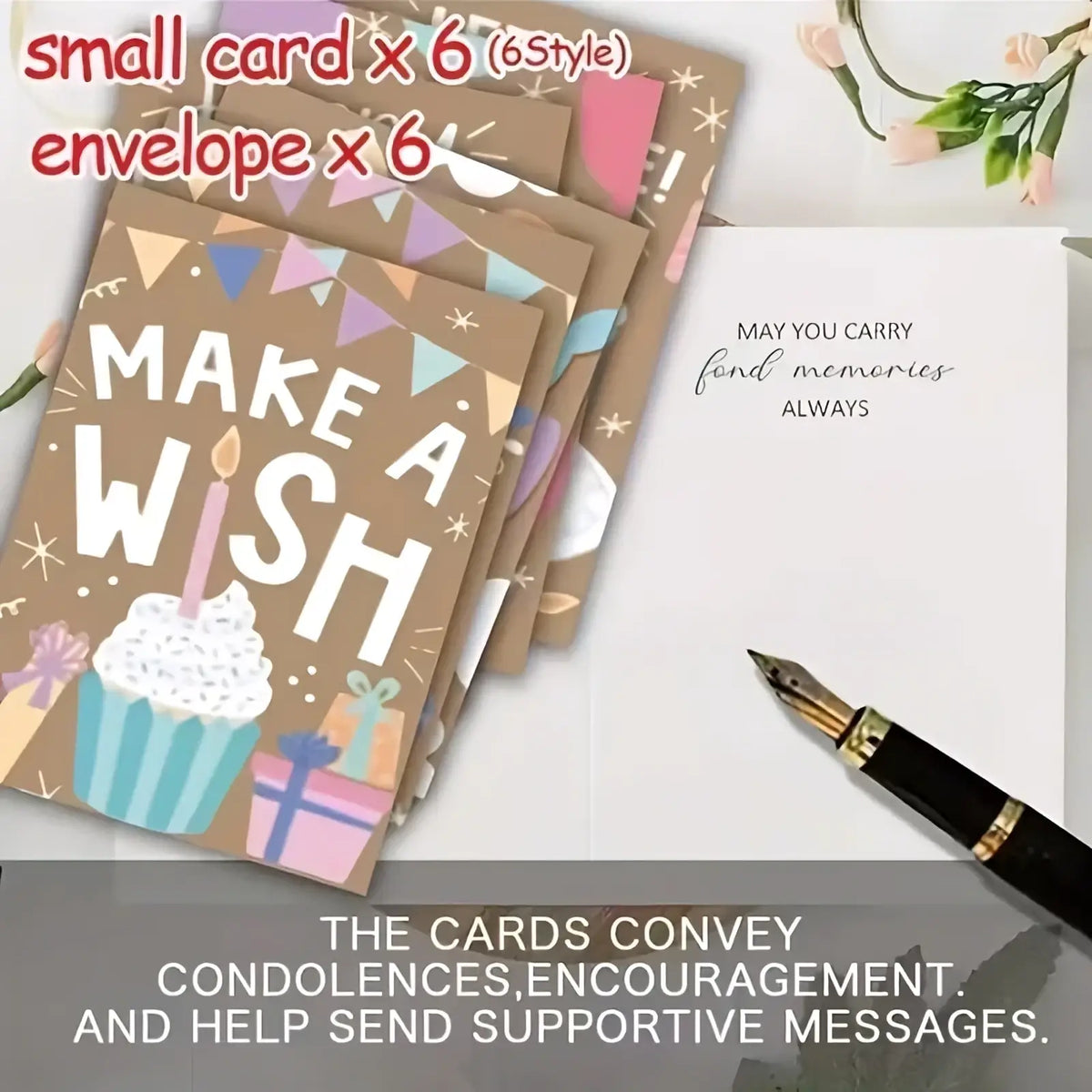 Brown make a wish kraft birthday card with colorful cupcake gifts and bunting flags in assorted bulk set