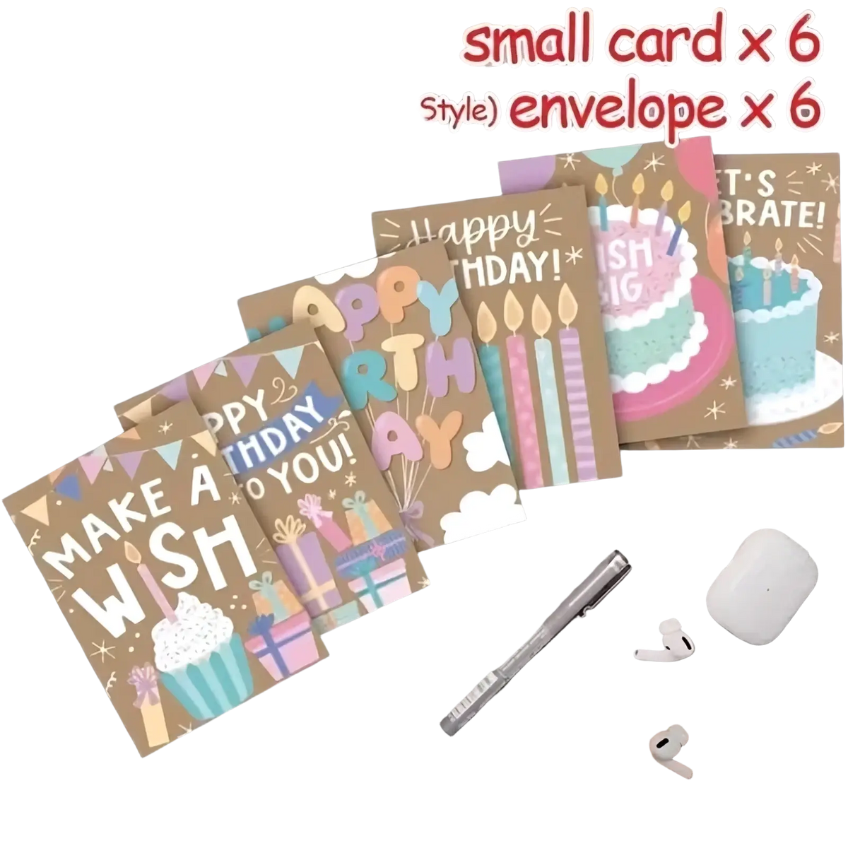 Set of six assorted kraft birthday cards with colorful festive illustrations and matching envelopes on brown background
