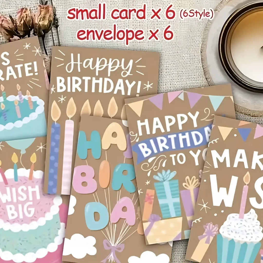 Set of six brown kraft birthday cards with colorful cartoon illustrations and matching envelopes for bulk use