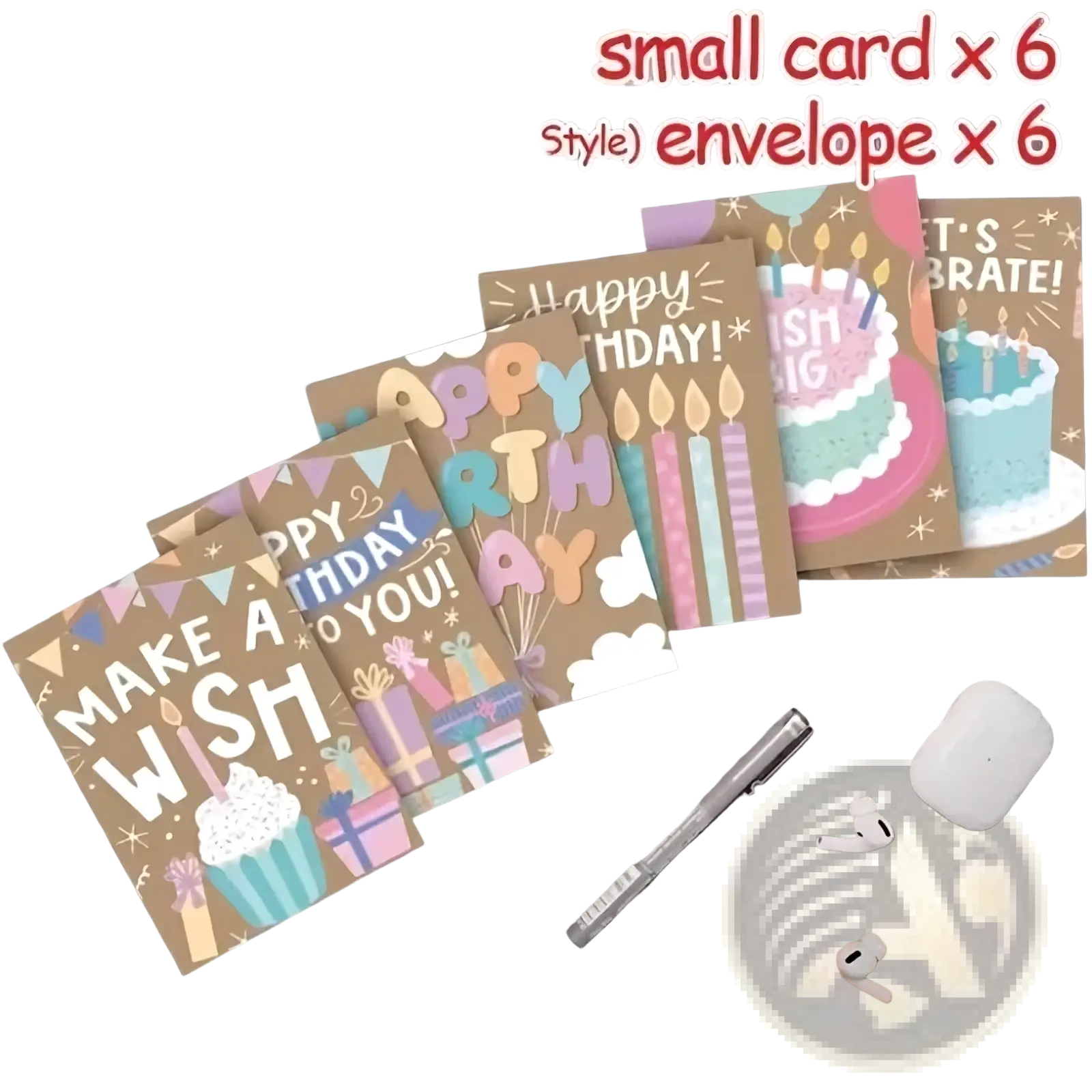 Set of six assorted kraft birthday cards with colorful festive illustrations and matching envelopes on brown background