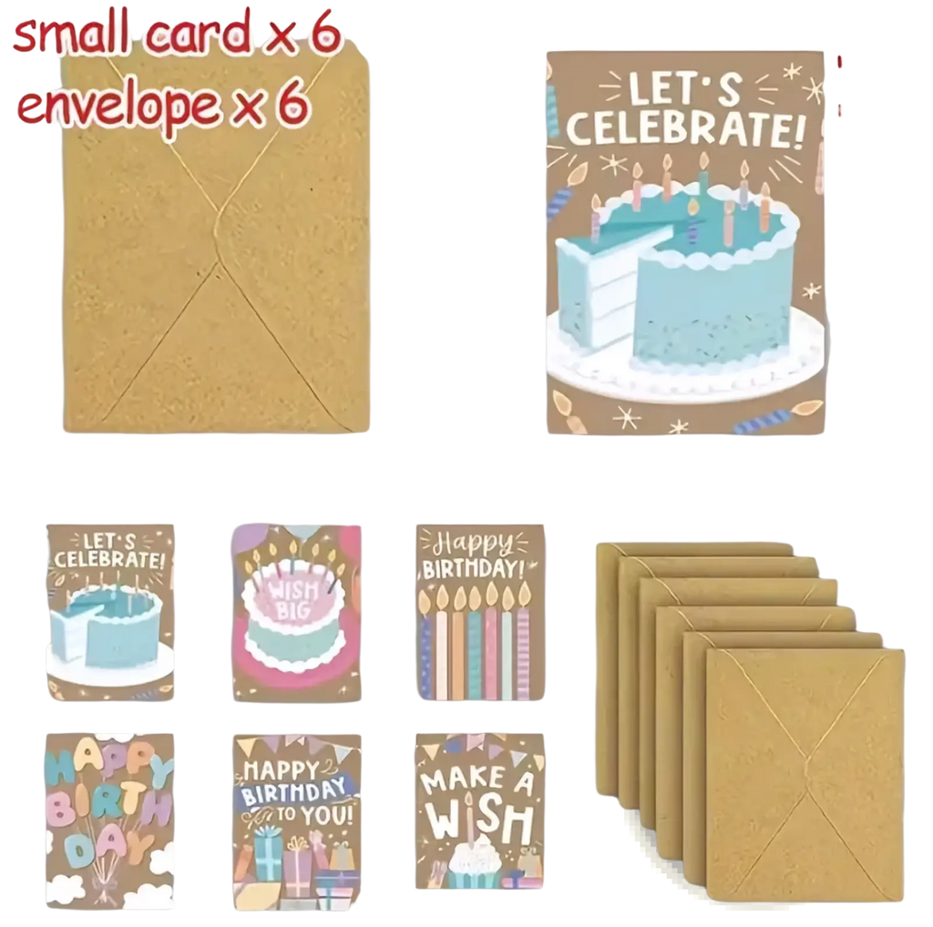 Set of six colorful kraft birthday cards with cake and candle designs and matching gold-toned envelopes