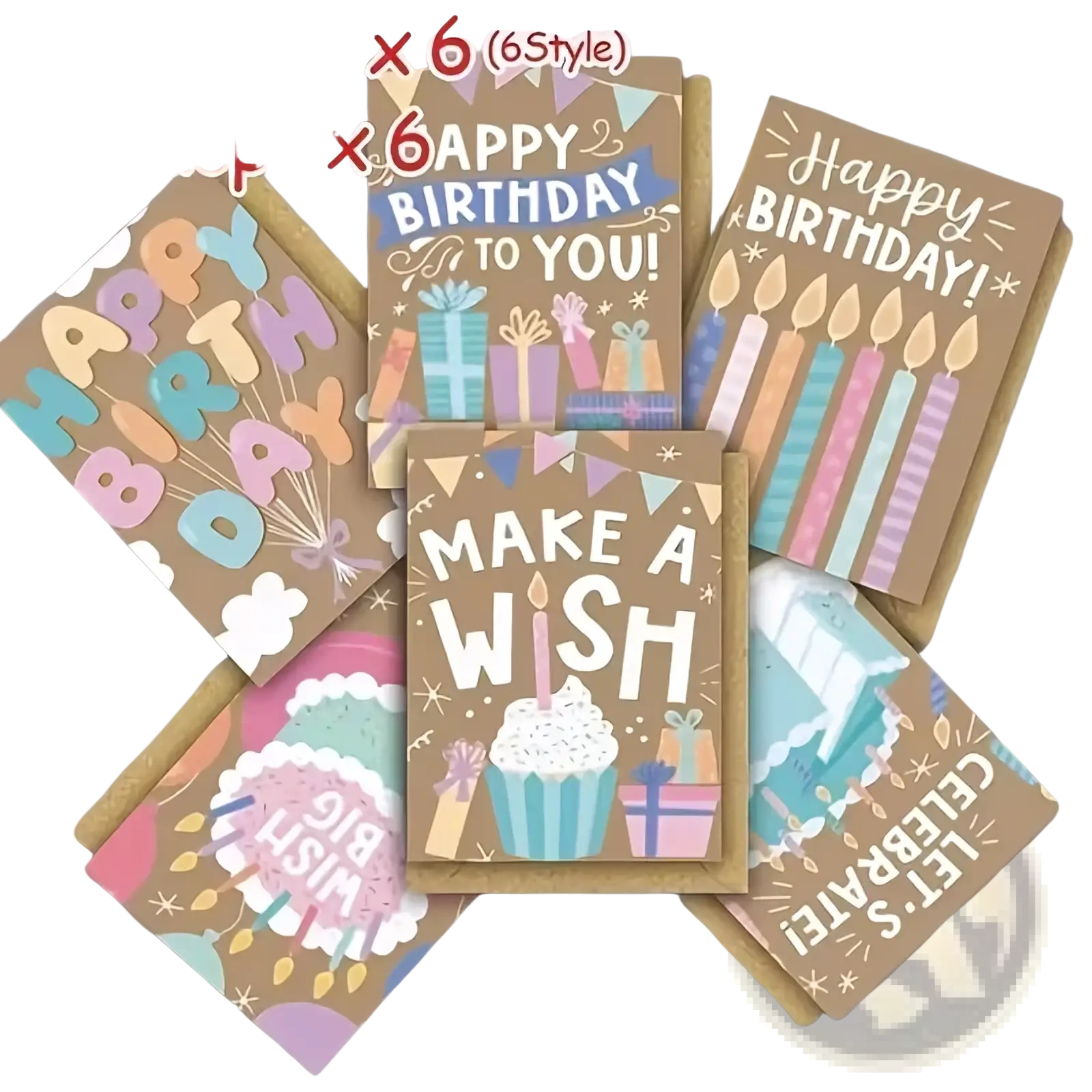 Set of six colorful assorted kraft birthday cards with festive designs and matching kraft paper envelopes