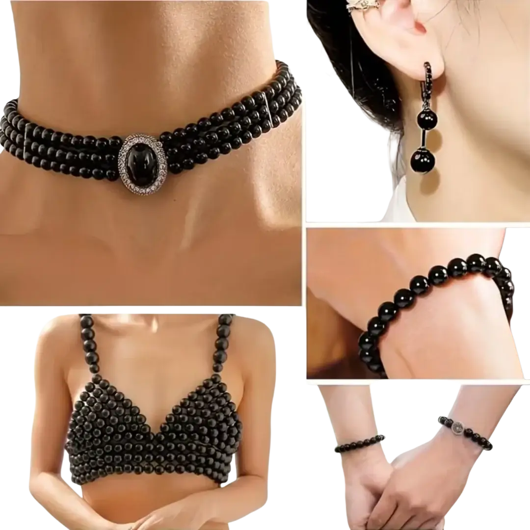 Black beaded assorted round bead set featuring a multi-strand choker with oval centerpiece matching earrings and bracelet