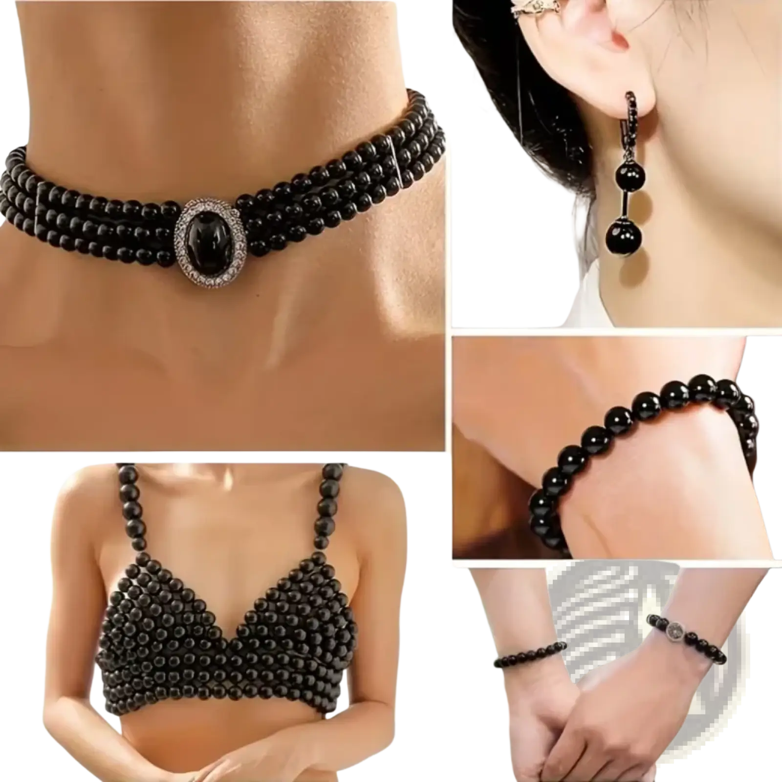 Black beaded assorted round bead set featuring a multi-strand choker with oval centerpiece matching earrings and bracelet