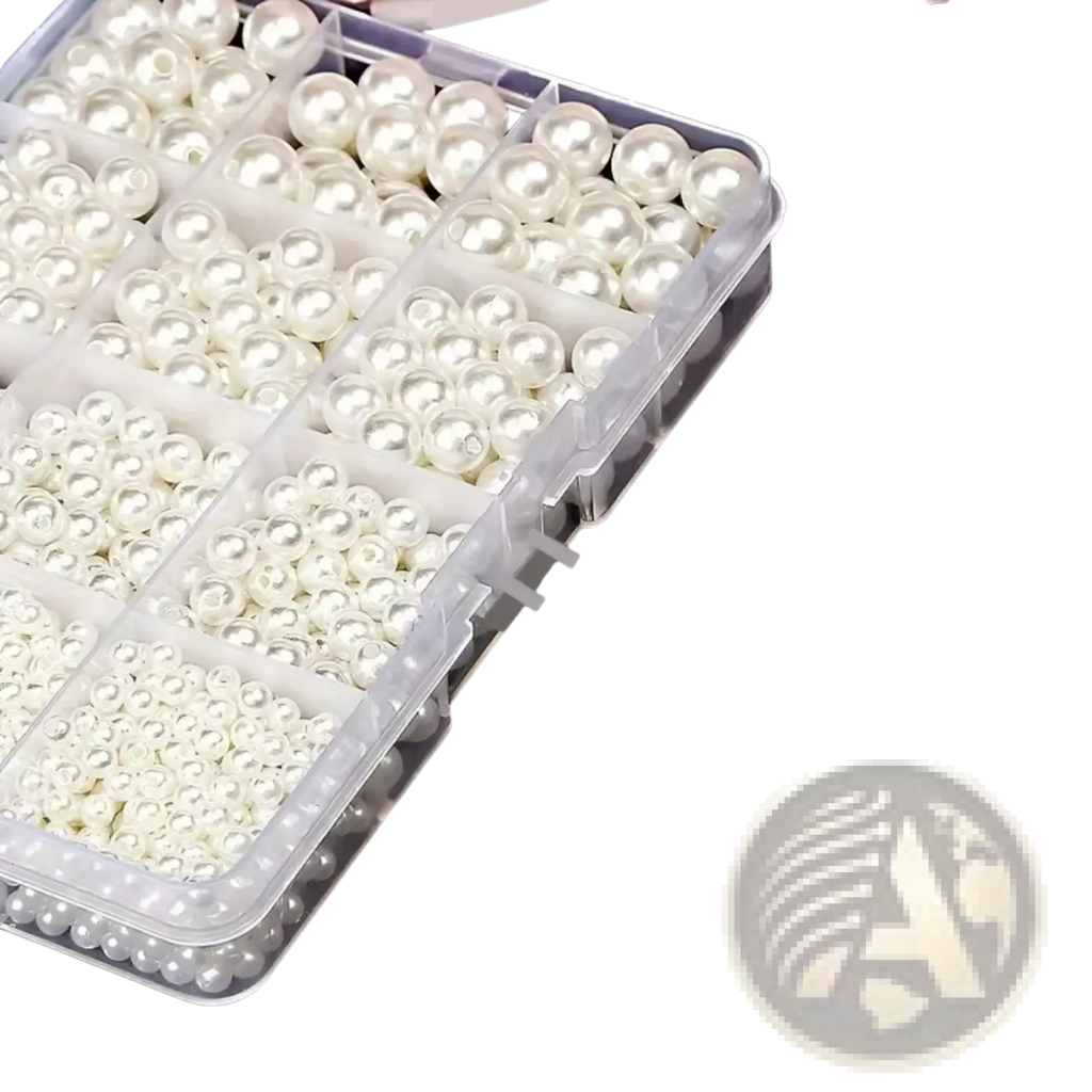 Clear plastic organizer box with assorted white pearl round beads 4mm to 10mm for diy jewelry making