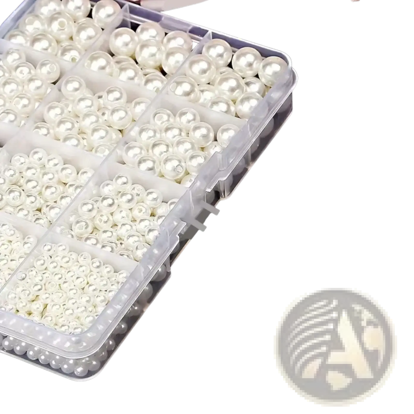 Clear plastic organizer box with assorted white pearl round beads 4mm to 10mm for diy jewelry making