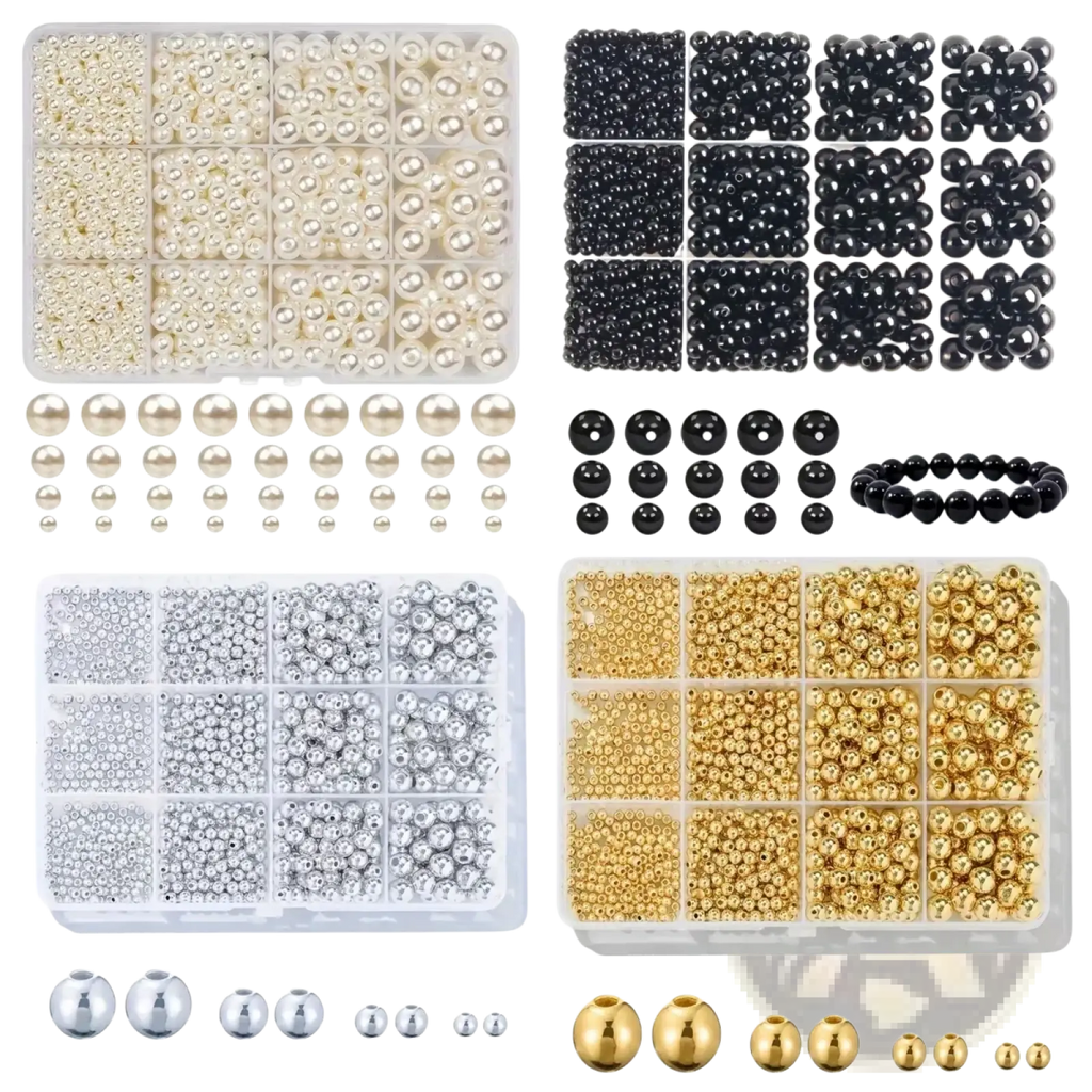 A comprehensive assorted round bead set for DIY jewelry making with organized pearl white, black, silver, and gold beads