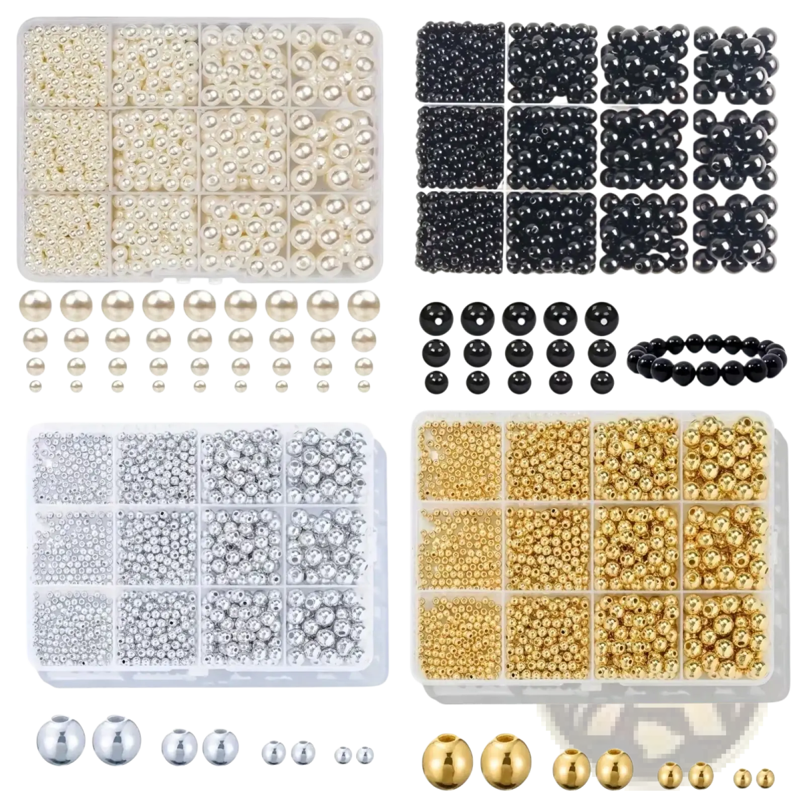 A comprehensive assorted round bead set for DIY jewelry making with organized pearl white, black, silver, and gold beads