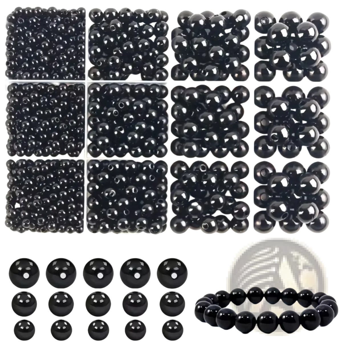 Assorted round black glass bead set in various sizes neatly arranged with a matching bracelet for diy jewelry making