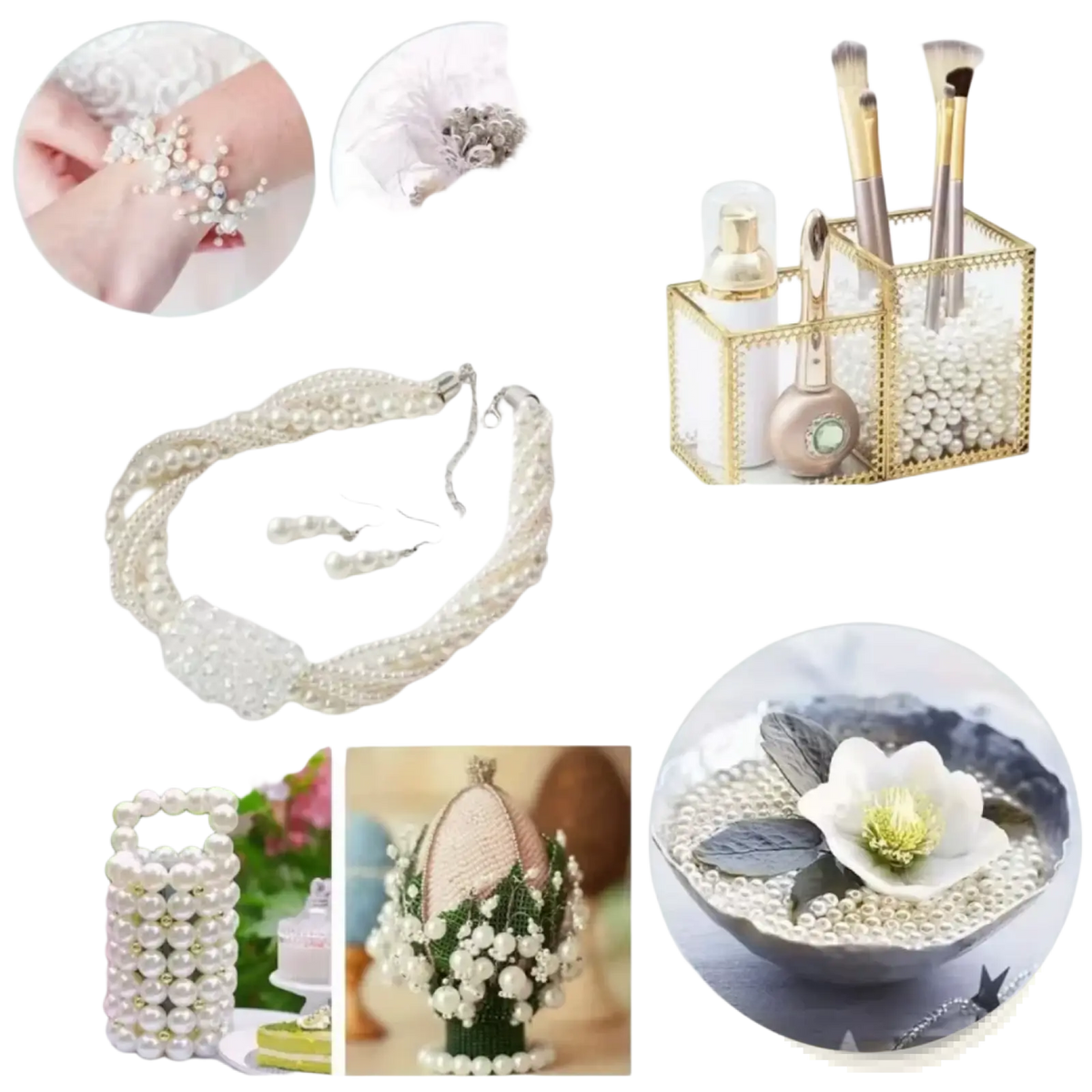 A multi-strand pearl necklace and matching earrings with creamy white pearls and a delicate silver clasp for diy jewelry making