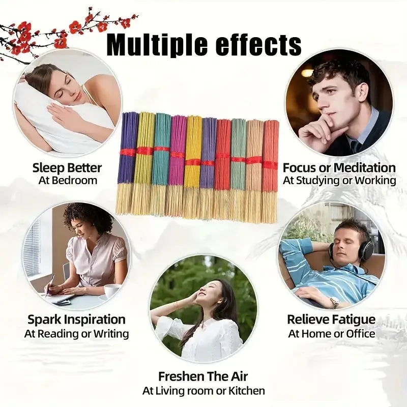A bundle of assorted colorful scented incense sticks neatly arranged in rows with red ties in a 140 pack