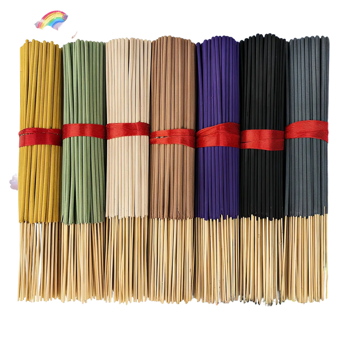 Bundles of assorted scented incense sticks in earthy and vibrant colors tied with red ribbons 140 pack
