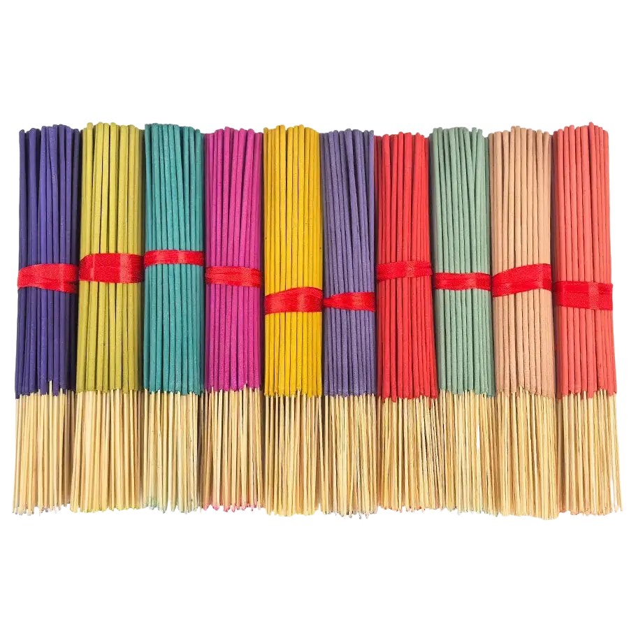 Colorful assorted scented incense sticks bundled with red ribbons in a 140 pack for aromatic use