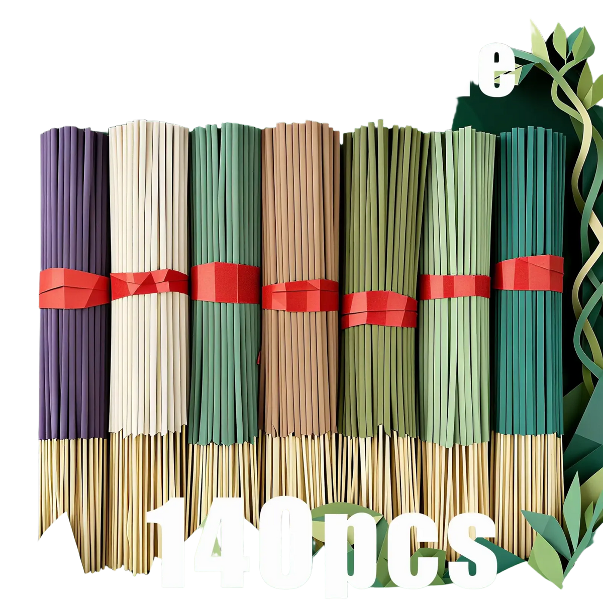 Assorted scented incense sticks 140 pack featuring forest-style paper sticks in earthy tones bundled with red ribbons