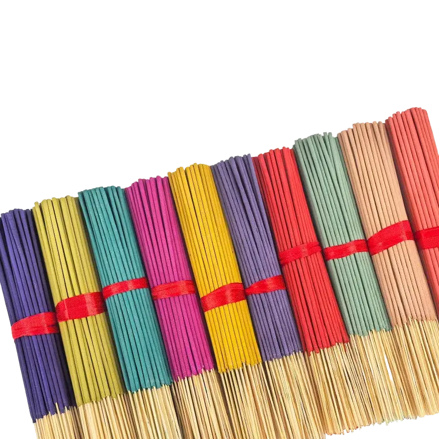 Multi-colored bundles of natural essential oil incense sticks tied with red ribbons and wooden stick bases in a 140 pack