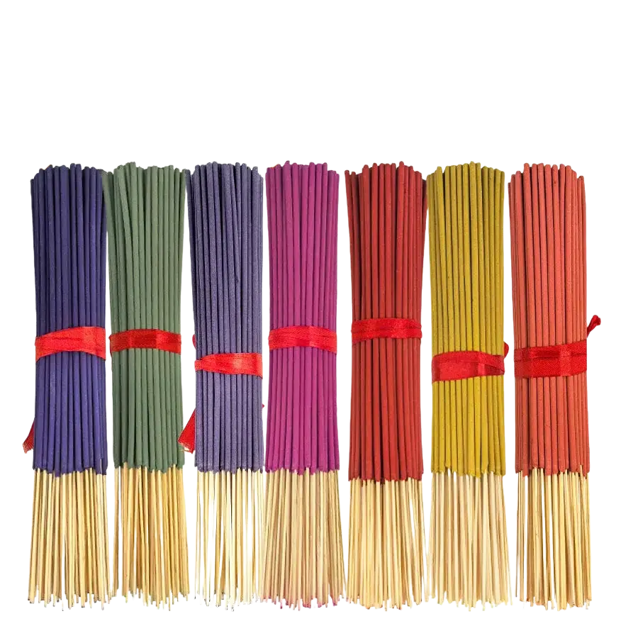 Seven bundles of assorted scented incense sticks in autumn colors tied with red ribbons including lavender and jasmine
