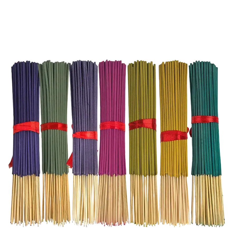 Seven bundles of assorted scented summer-style incense sticks tied with red ribbons in various colors for aromatic use