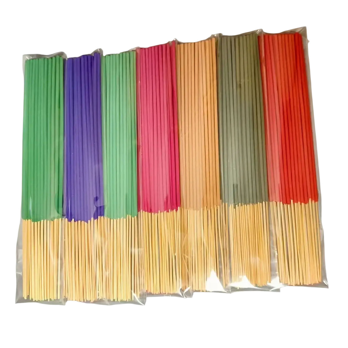 Assorted scented incense sticks 140 pack showing seven bundles with colorful tops and natural wood-colored bases