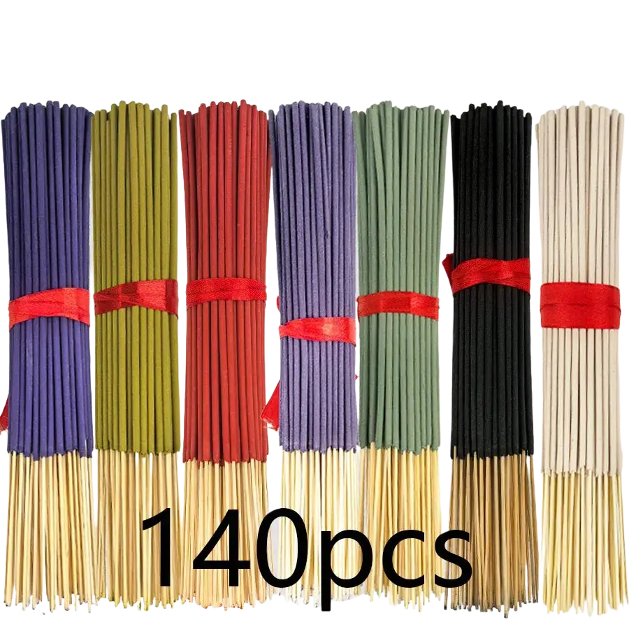 Seven sets of 140 assorted scented incense sticks bundled with red ribbons featuring wooden stick bases