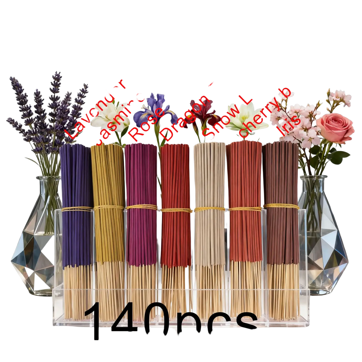 Assorted scented incense sticks 140 pack displayed in six bundles tied with yellow bands in clear acrylic holders