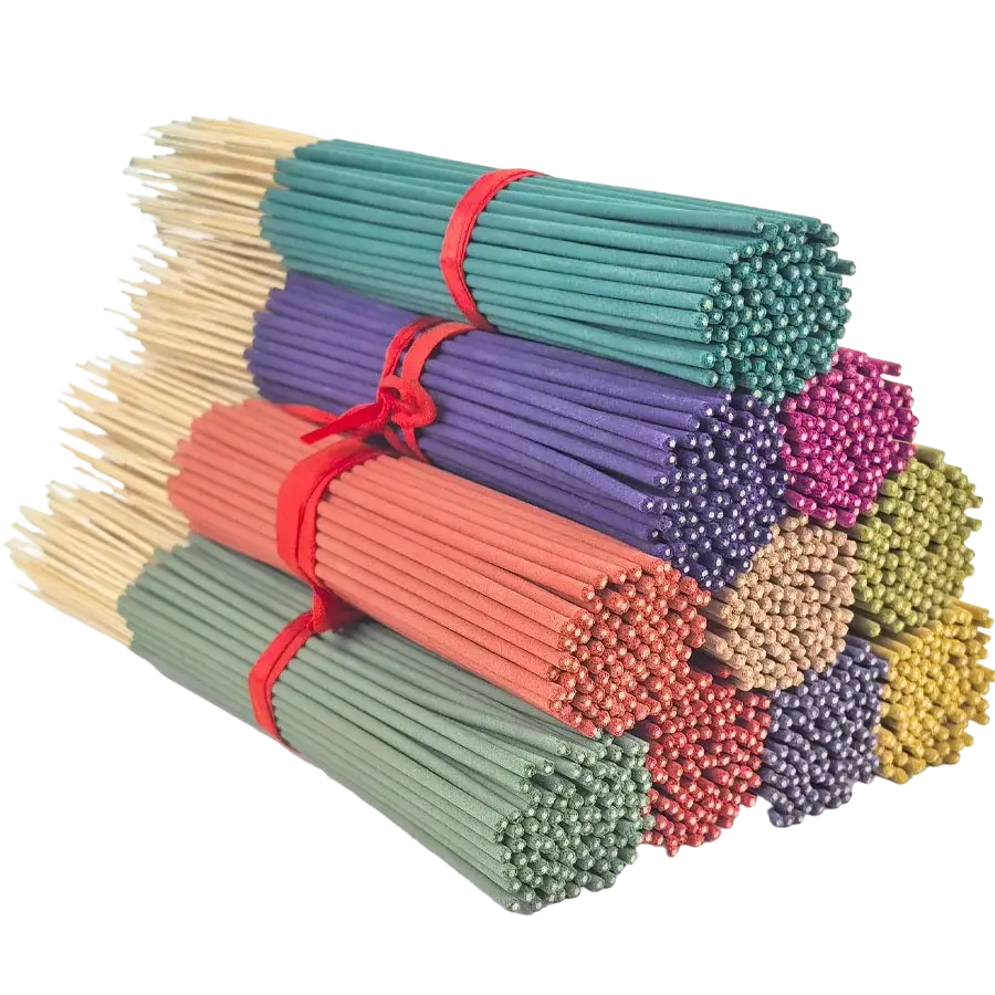 A vibrant assortment of colorful scented incense sticks with textured surfaces bundled with red ties in a 140 pack