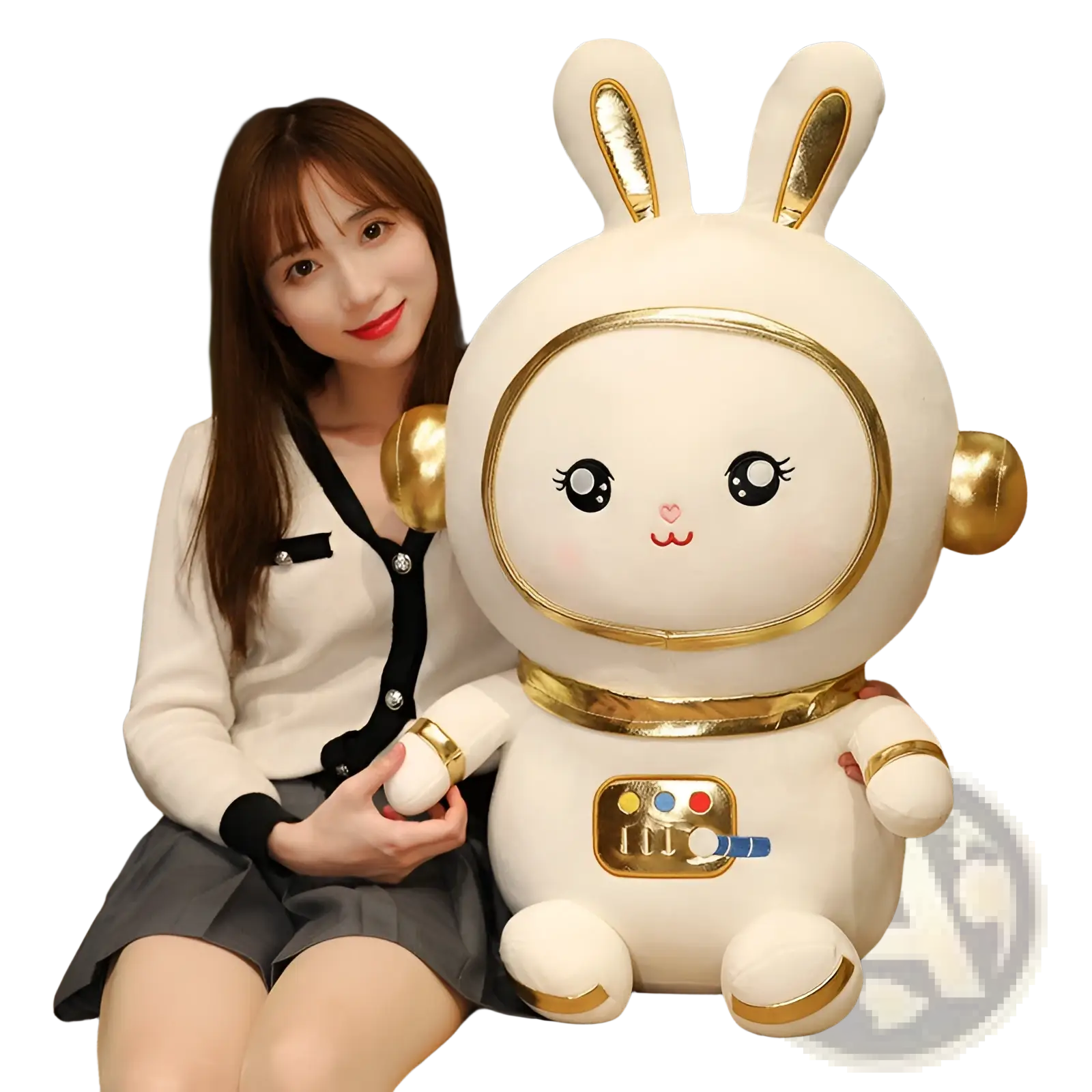 White plush astronaut bunny stuffed toy with gold accents and colorful control panel on its chest