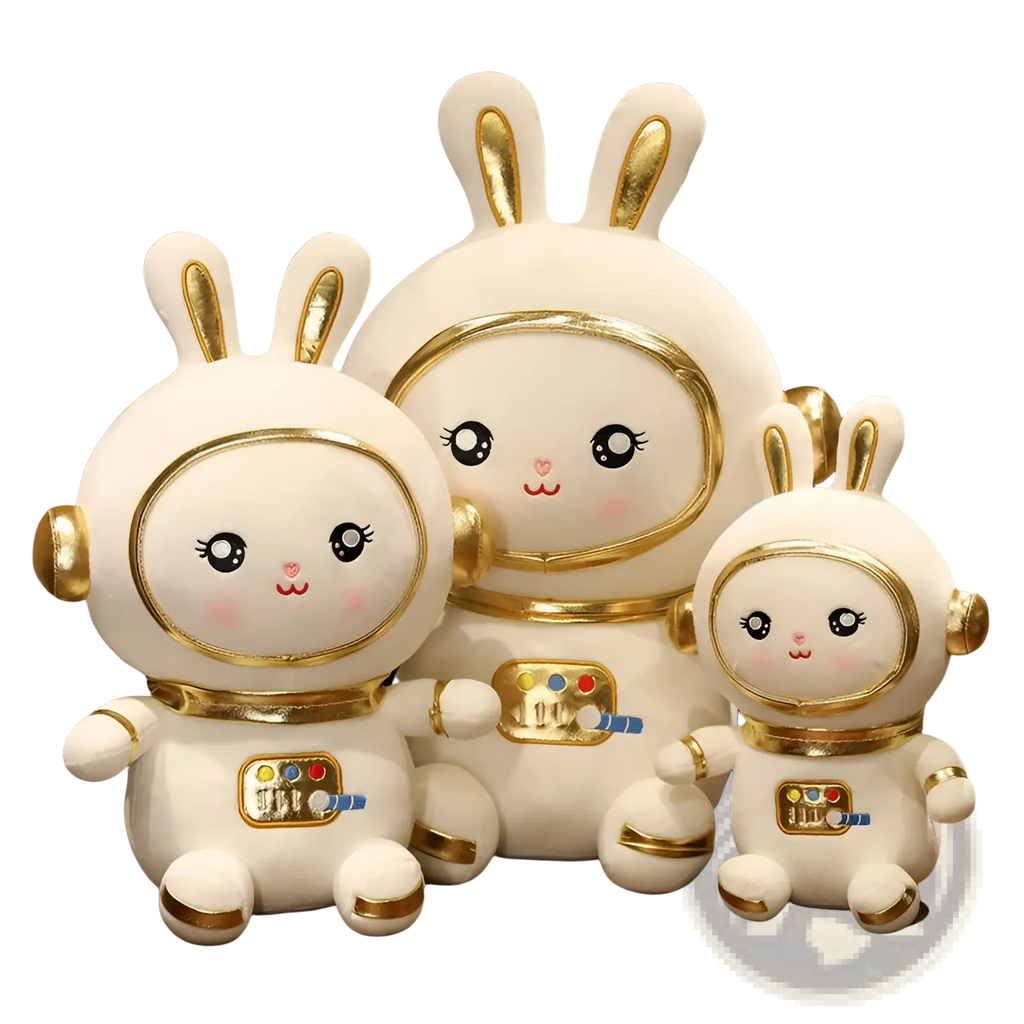 White ceramic astronaut bunny figurines with gold accents and cute facial features for plush space rabbit decor