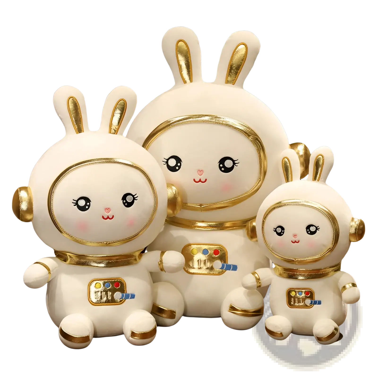 White ceramic astronaut bunny figurines with gold accents and cute facial features for plush space rabbit decor