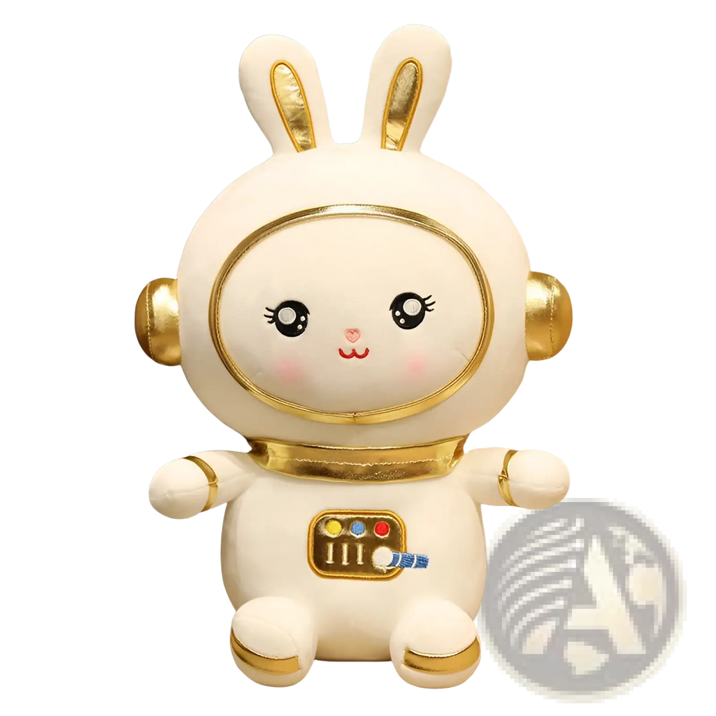 White plush astronaut bunny stuffed toy with gold accents and embroidered details for space-themed decor
