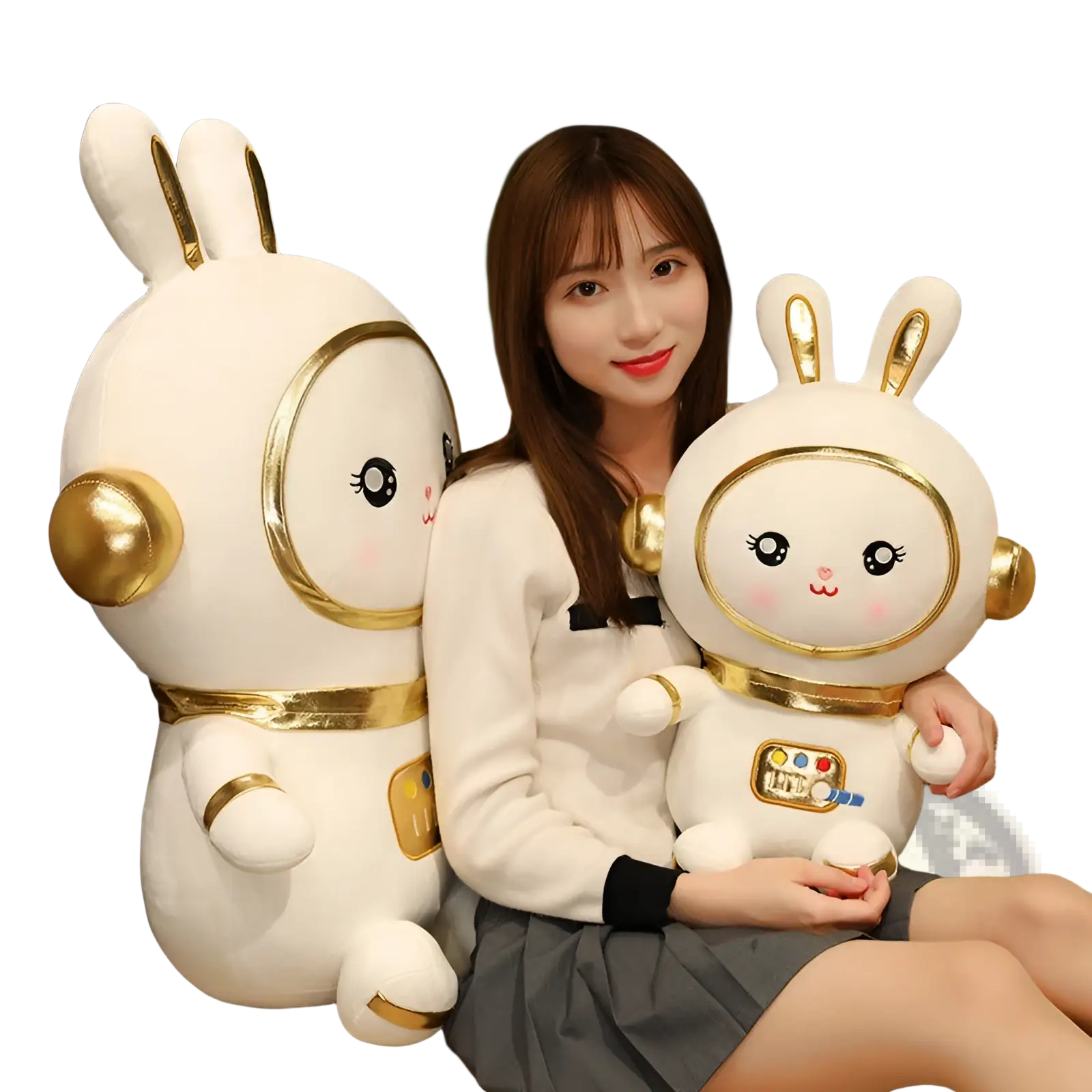 White plush astronaut bunny stuffed toy with gold metallic accents and a cute cartoon face for space play