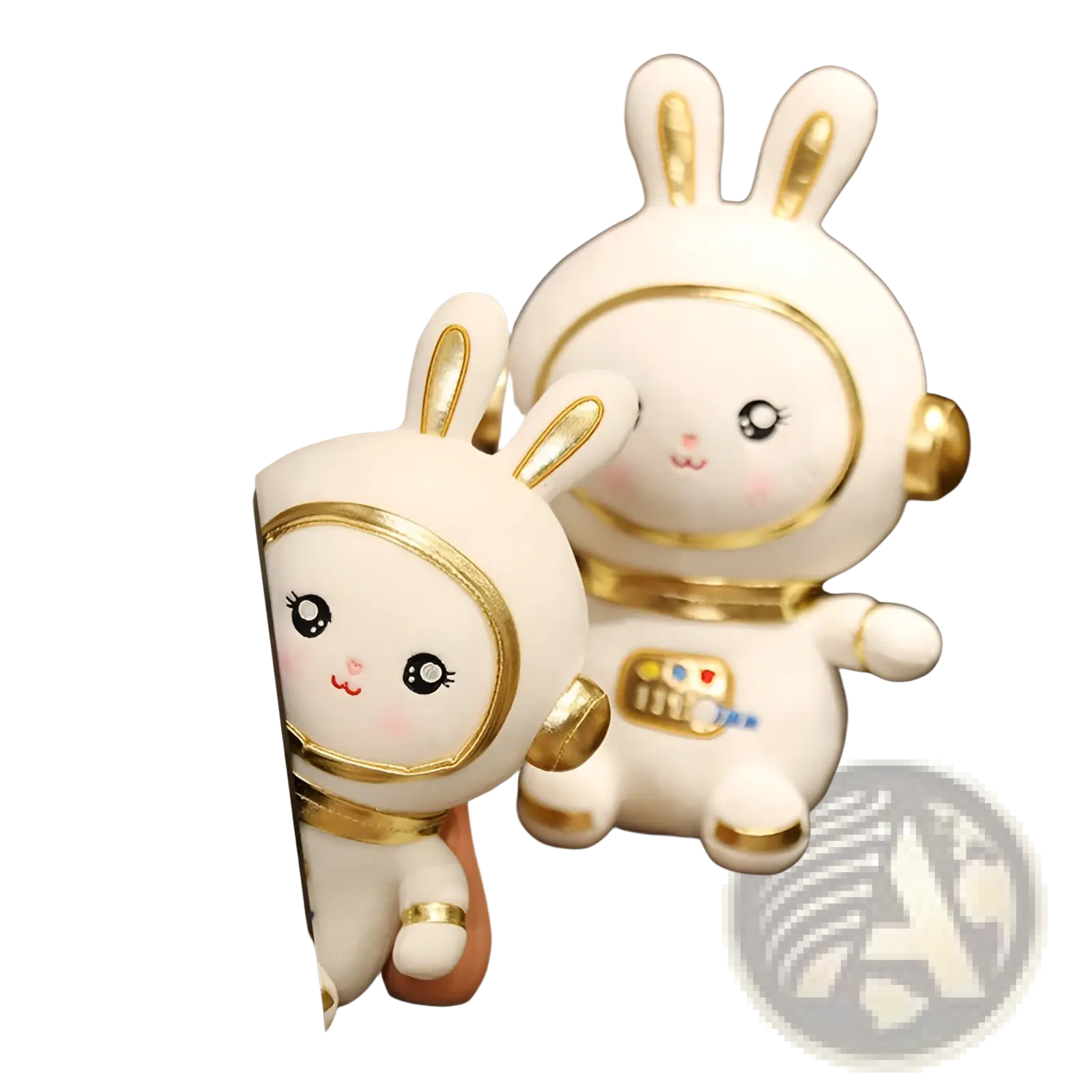 Cute white astronaut plush bunny stuffed toy with gold accents and embroidered space rabbit details