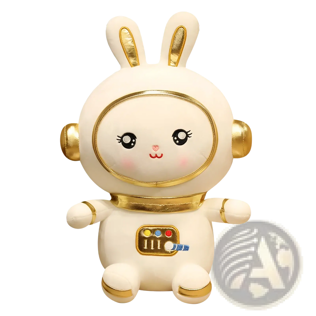 Cute white plush astronaut bunny with gold accents and embroidered details space rabbit stuffed toy
