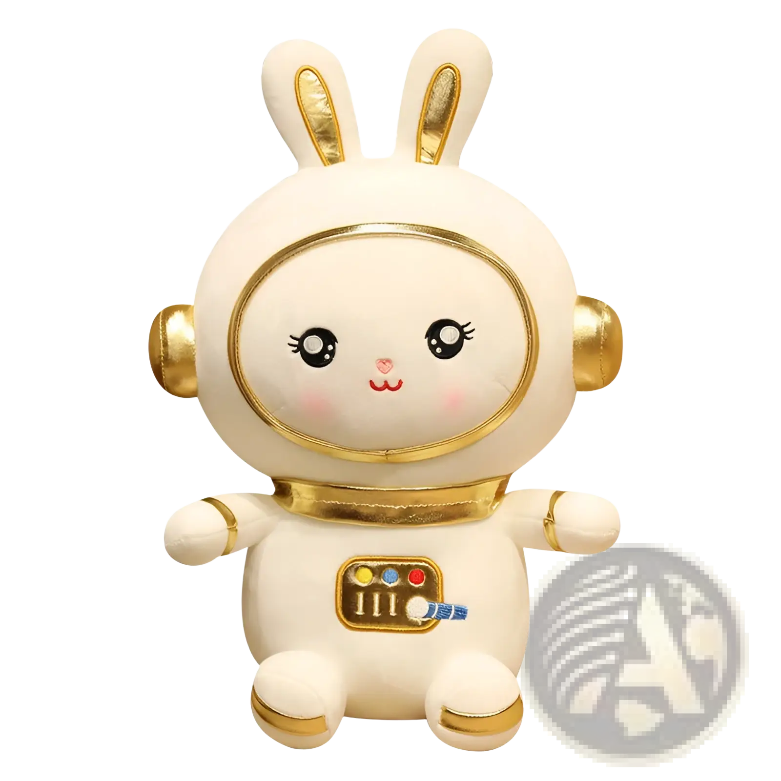 Cute white plush astronaut bunny with gold accents and embroidered details space rabbit stuffed toy