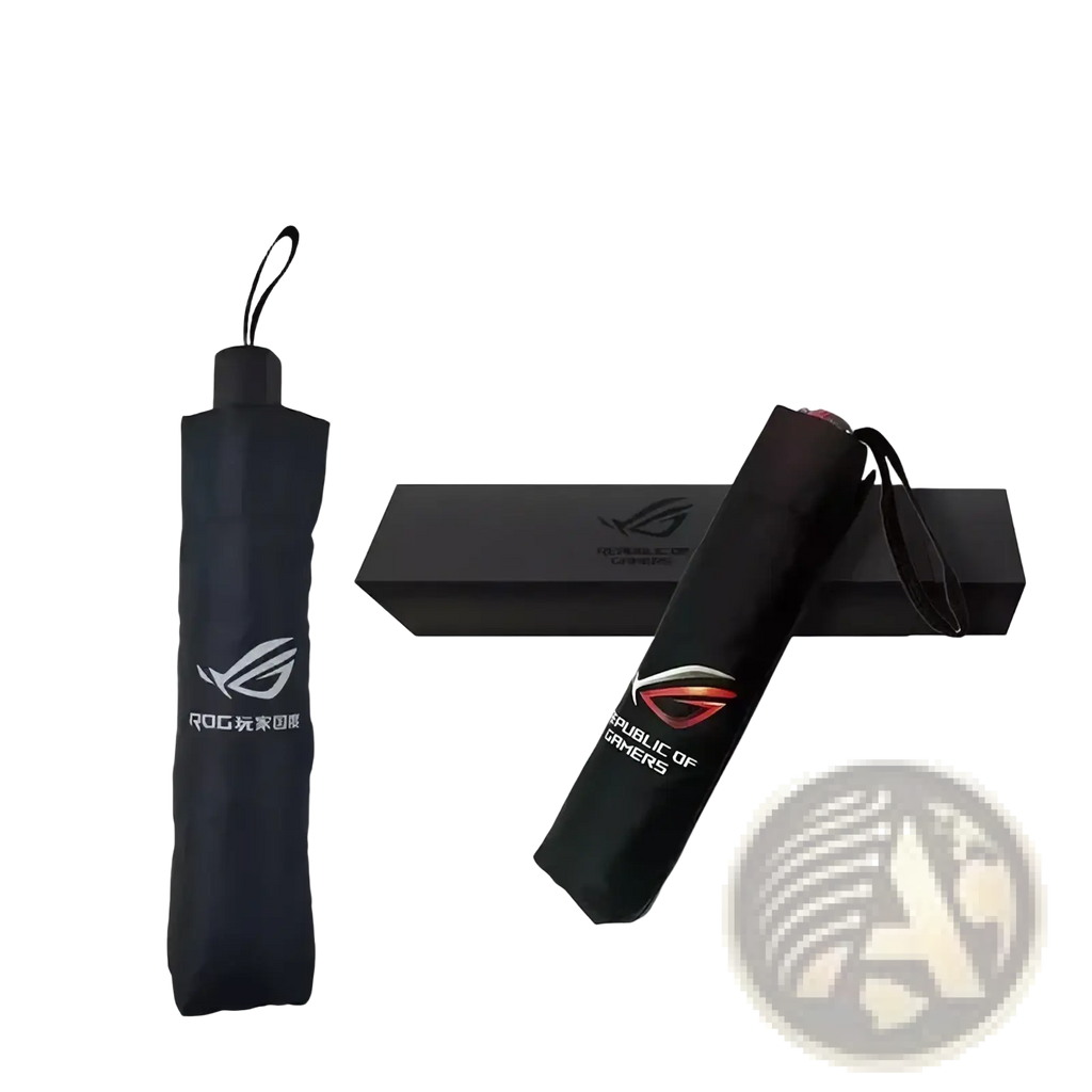 Black compact Asus Rog 9 Pro multi-functional umbrella featuring red and white Republic of Gamers logo branding