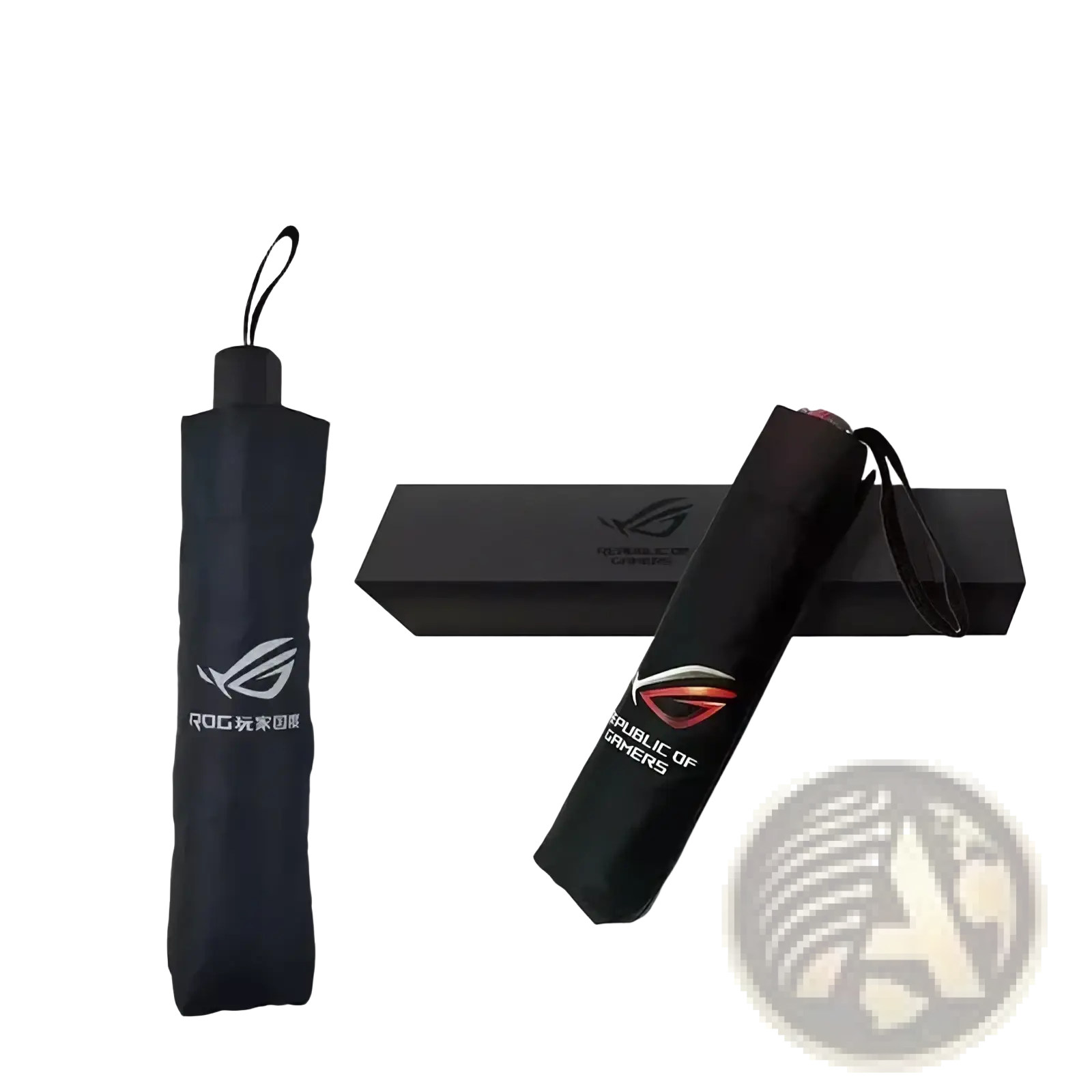 Black compact Asus Rog 9 Pro multi-functional umbrella featuring red and white Republic of Gamers logo branding