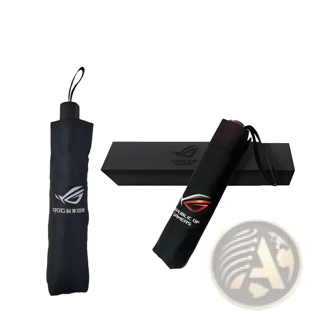 Black Asus Rog 9 Pro multi-functional compact umbrella with sleek matte finish and white red Republic of Gamers logo on shaft