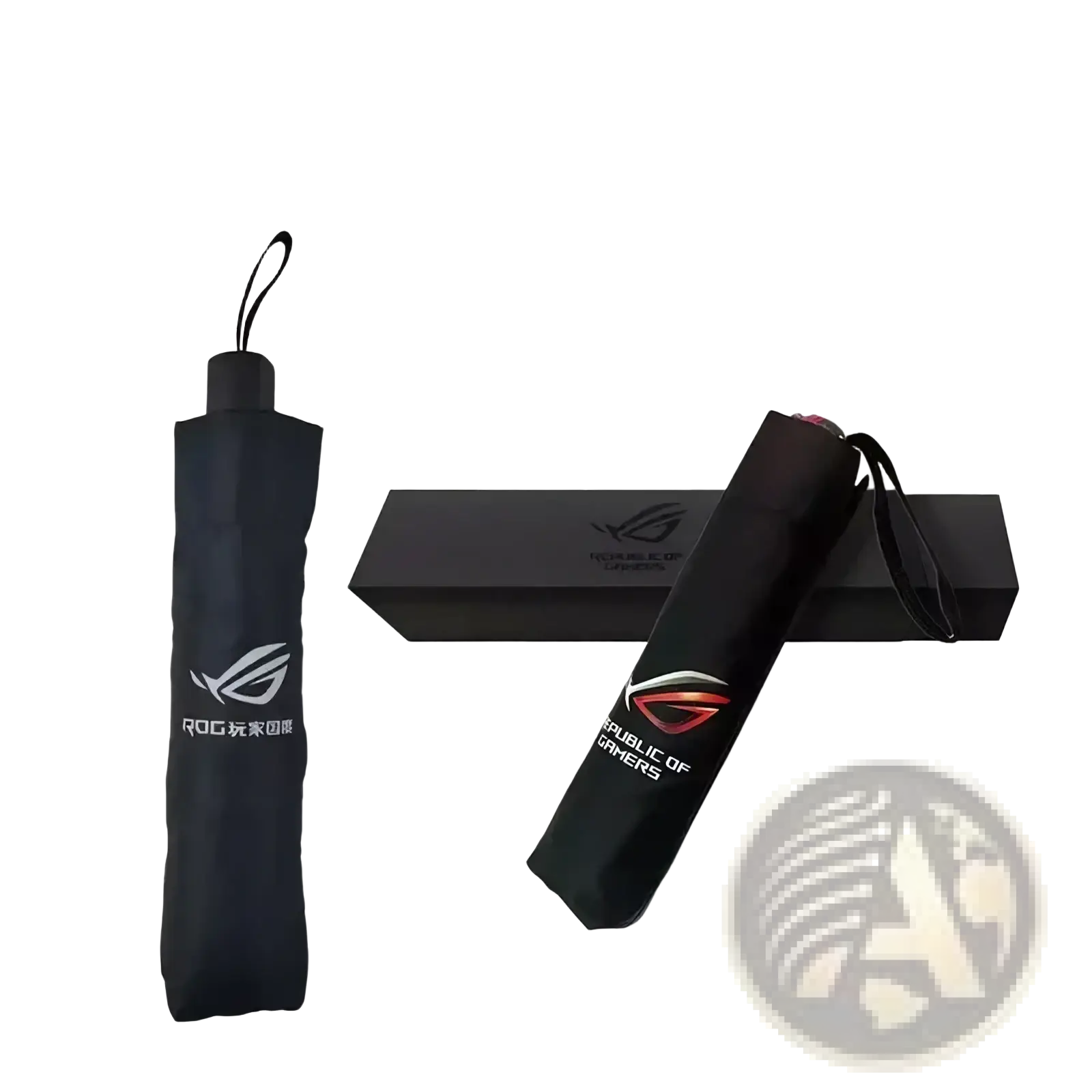 Black Asus Rog 9 Pro multi-functional compact umbrella with sleek matte finish and white red Republic of Gamers logo on shaft