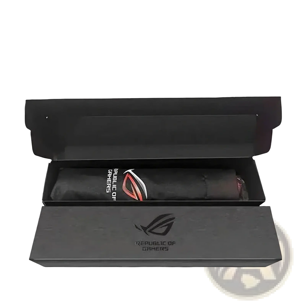 Asus rog 9 pro multi-functional umbrella with a black rolled-up gaming mousepad featuring red and white rog logo in a branded box